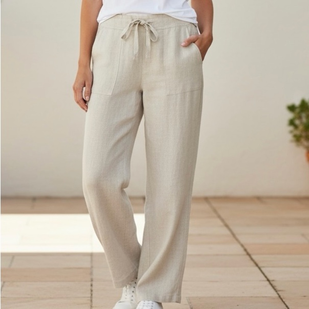 Love Tree Khaki Linen Blend Wide Leg Zipper Drawstring Pants L